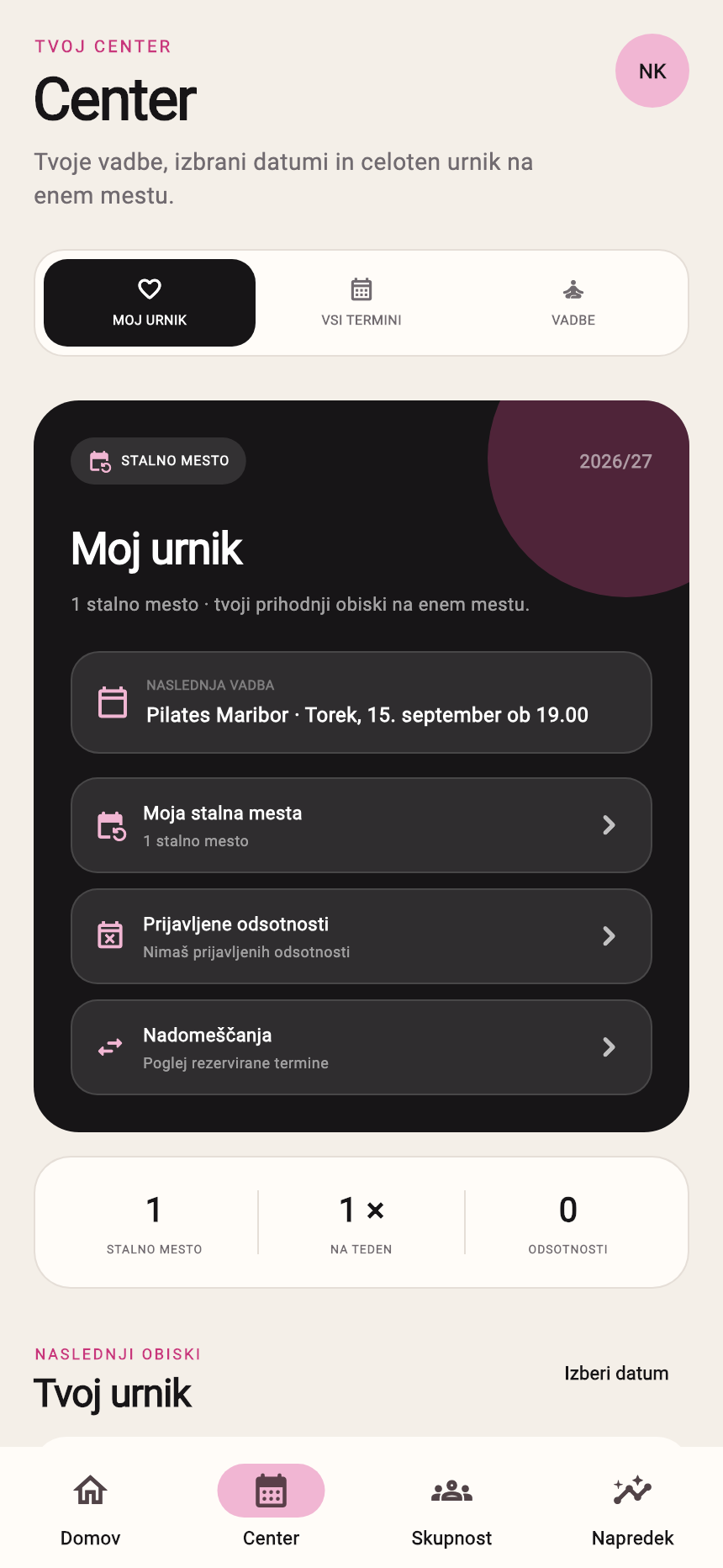 Razgibajmo se: Center v aplikaciji s testnimi podatki